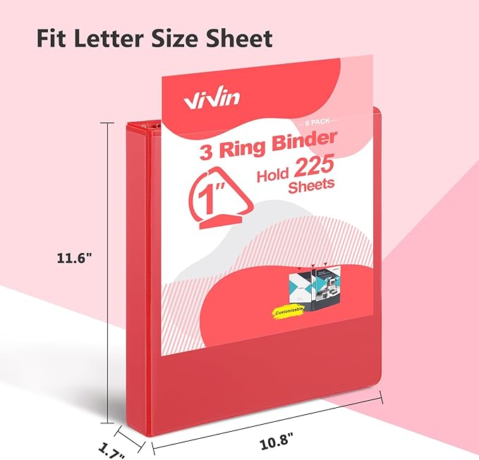 ViVin Sturdy 1 Inch D Ring Binders, 3 Ring Binders with 2 Pockets, Hold 225 Sheets of US Letter Size Paper for Office,Home,School, 6 Pack (Red)