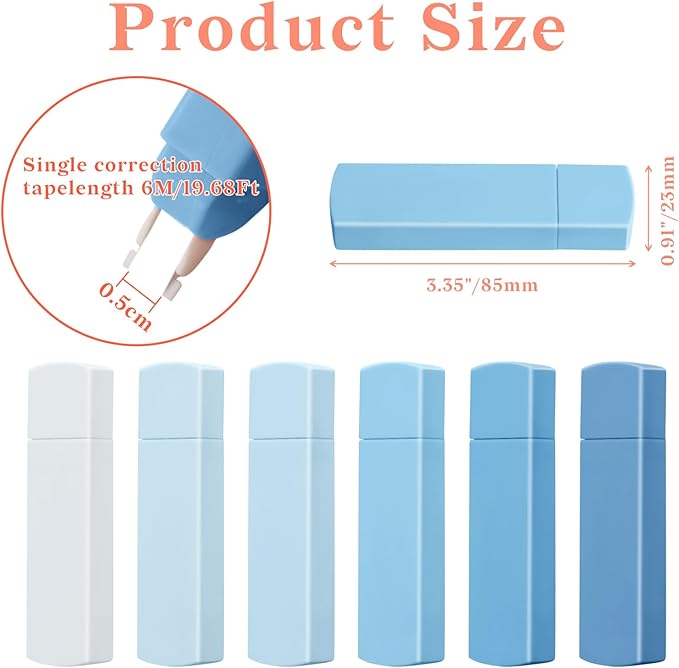 Temiary 6Pcs Mini White Correction Tapes, Quick Dry Smooth Pull Out for Writing, Aesthetic Cute Correction Tape Set Easy To Use for Students School Office Supplies (Blue)