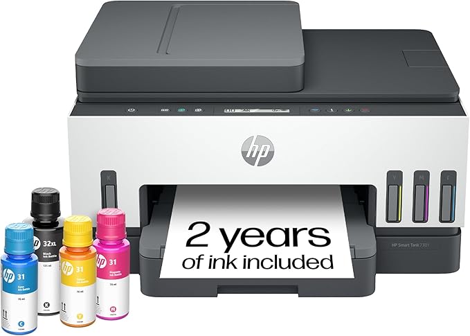 HP Smart Tank 7301 Wireless All-in-One Ink Tank Printer, Scanner, Copier with 2 years of ink included, Best-for-home office, Cartridge-free Refillable, AI-enabled (28B70A)