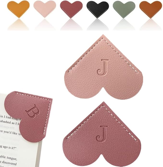Personalized Leather Heart Bookmark, 26 Letters Customized Corner Book Mark for Reading Women, Book Marker with Initials，Cute Gifts (Light Pink+Deep Pink, J)