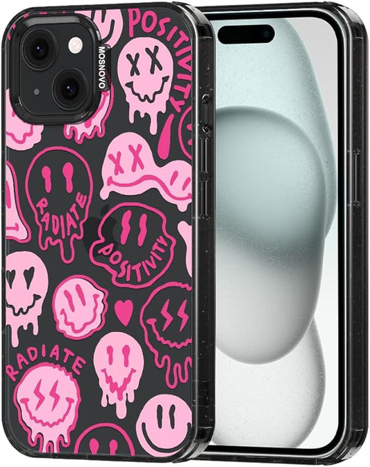 MOSNOVO Case for iPhone 15 Plus, [10ft 4X Military-Grade Drop Protection] Durable & Shockproof Phone Case Cover Design for iPhone 15 Plus / 14 Plus - Pink Dripping Smiles - Clear Black