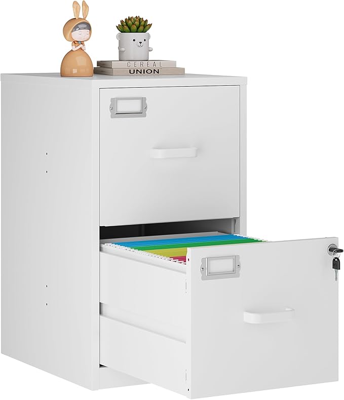 2 Drawer Vertical File Cabinet with Lock, White Metal, Under Desk, Easy Assemble