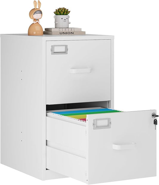 2 Drawer Vertical File Cabinet with Lock, White Metal, Under Desk, Easy Assemble
