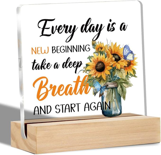 Inspirational Gifts for Women Men Sunflower Home Decor Positive Quotes Classroom Office Desk Decorative Signs Plaques 4 x 4 Inches acrylic