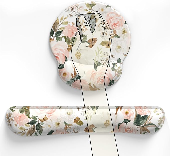 Pink Flower Desktop Mat Aesthetic Wrist Support Keyboard Mouse Wrist Rest Set, Computer Office Comfortable Wrist Rest for Mouse Easy Typing & Pain Relief, Ergonomic Computer Mouse Pad with Pu Base.