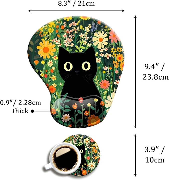 Ergonomic Mouse Pad with Wrist Support,Mouse Pad with Wrist Rest and Coaster Set,Office Supplies Non-Slip Mouse Pads for Desk, Non-Slip Comfortable,Cute Black Cat