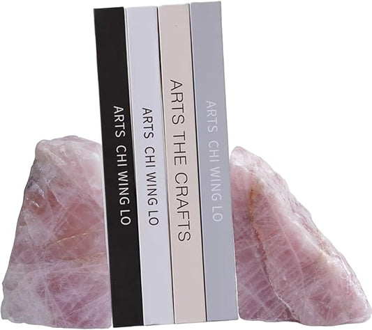 Natural Rose Quartz Bookends with Rubber Feet 4-5Lbs Heavy Duty Non-Slip Crystal Bookends 1 Pair | Raw & Polished Stone | Healing Office Decor Gift