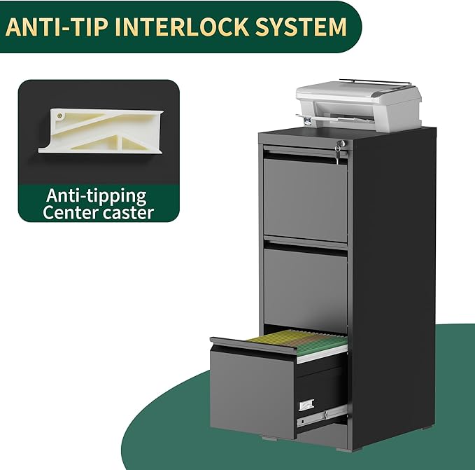 3 Drawer File Cabinet with Lock, Steel Vertical Filing Storage Cabinet for Home Office, Heavy-Duty File Cabinets for Letters/Legal/A4 (Require Assembly, Black)