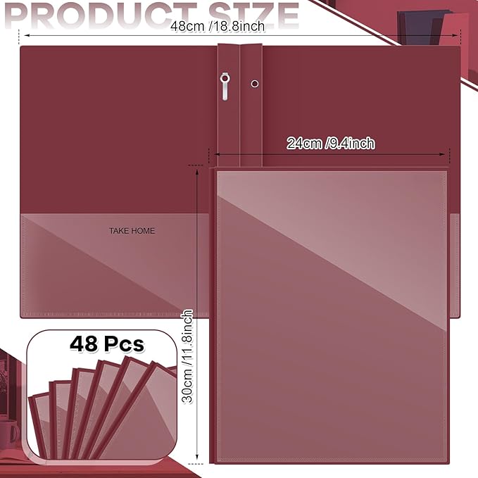 Henoyso 48 Pcs Plastic Folders with Clear Front Pocket and 3 Prong Take Home Plastic 2 Pocket Folder Back to School for Students Parent Teacher Communication for School Office (Dark Red)