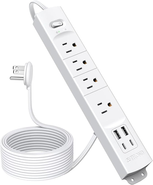 TROND 15ft Long Extension Cord with 2 USB C, ETL Listed, Ultra-Thin Flat Plug Power Strip, Slim Surge Protector, 4 Outlets 4 USB Ports, Wall Mount, Office Accessories Dorm Room Essentials, White
