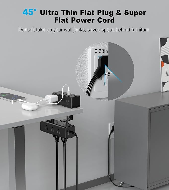 Dual Layer Desk Clamp Power Strip, Under Desk Power Strip with 4 USB Ports(2 USB-C) & 15 AC Outlets, Desk Mount Surge Protector, Ultra Thin Flat Plug & 10FT Power Cord for Office Home(ETL Listed)