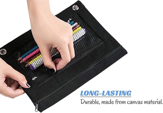 3 Ring Binder Pencil Pouchs, Zippered Pencil Pouch Double Pocket Pencil Pouch 3 Ring with Clear Mesh Window (Black 2pack)