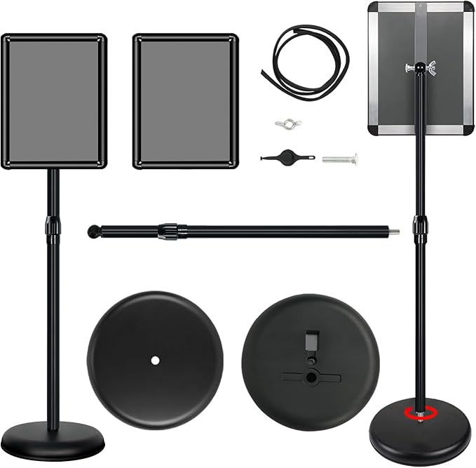 Poster Stand Holder Adjustable Pedestal Floor Standing Sign Holder Vertical and Horizontal View Sign Display, Aluminum Snap Open Frame with Safety Corner (2P-Black-11x17)
