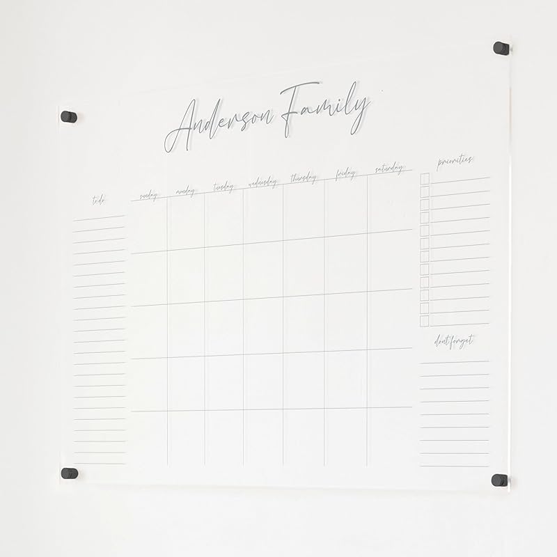 Personalized Clear Acrylic Calendar for Wall, Calendar Whiteboard for Wall, Dry Erase Wall Calendar, Wall Calendar Organizer System for Home (Cursive, Grey, 38"W x 26"H)