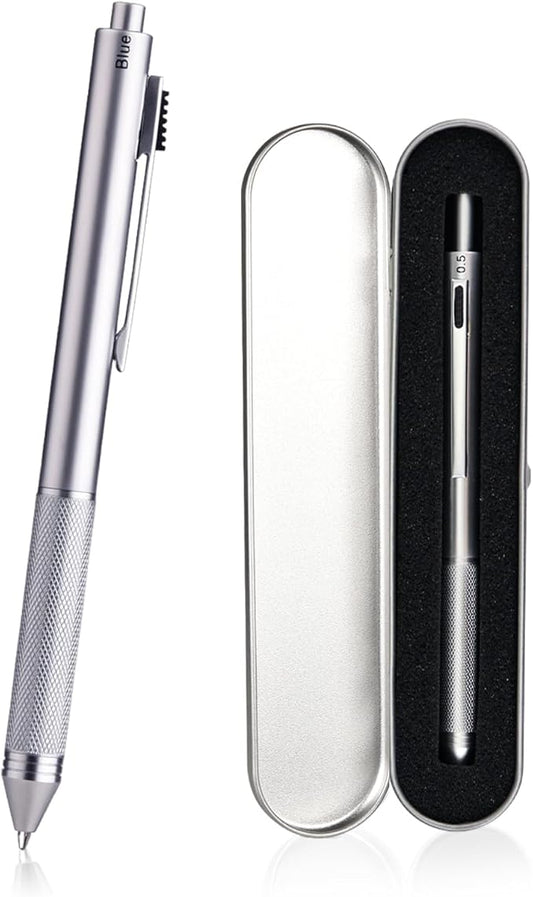 smttw 4 in1 Multi-Function Refillable & Retractable Ballpoint Pen + 0.5mm Mechanical Pencil, Fine Point, Silver Metal Barrel, Black/Red/Blue Inks, Multicolor Pen With Metal Gift Box