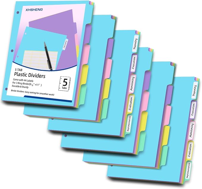 5 Tab Binder Dividers with Tabs,for 3 Ring Binder,Plastic File Dividers, Pastel Color,Letter Size,6 Sets