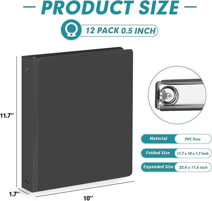 3 Ring Binder 0.5 Inch, PANDRI 12 Pack 0.5-Inch Binder Fits Letter Size 8.5'' x 11'' Paper, Versatile Binders for Office Home School, 2 Pockets, Black