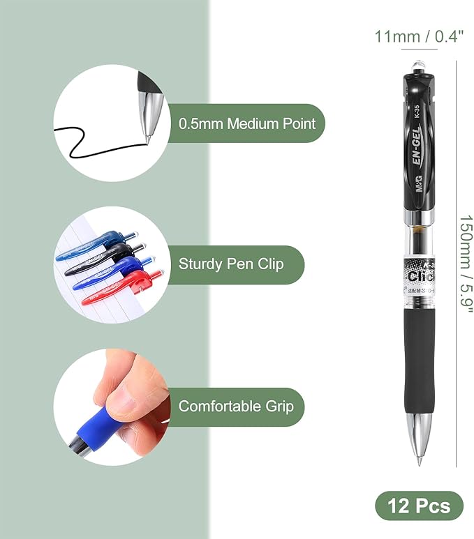 M&G Gel Pen Medium Point 0.5mm, 12 Pack Quick Dry Smooth Retractable Black Gel Ink Rollerball Pen for Home Office Writing Note Taking Journaling Business, Style 1