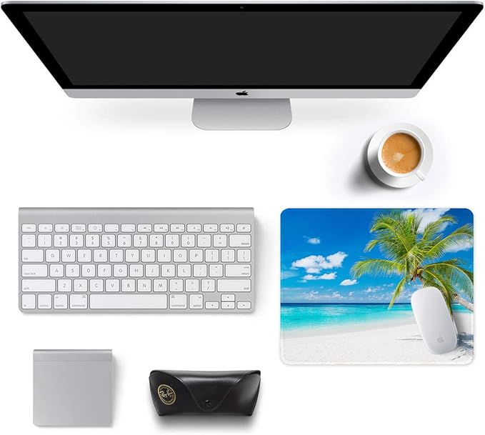 Auhoahsil Mouse Pad, 12 x 10 in Summer Beach Theme Computer Mouse Pad for Desk, Premium-Textured Non-Slip Rubber Stitched Edges Waterproof Square Mouse Mat for Gaming Work Wireless Mice, Blue