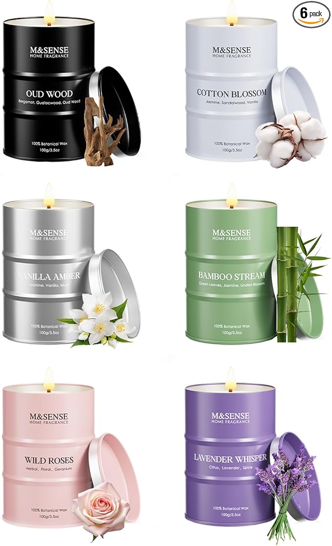 Fall Candle Gift Set | Mini Scented Candles Set | 6 Pack Candles for Home Scented,Oud Wood,Cotton Blossom,Vanilla Amber,Bamboo Rose Lavender Candle,Gift Set for Women and Men,Soy Wax 21 oz 105 Hour