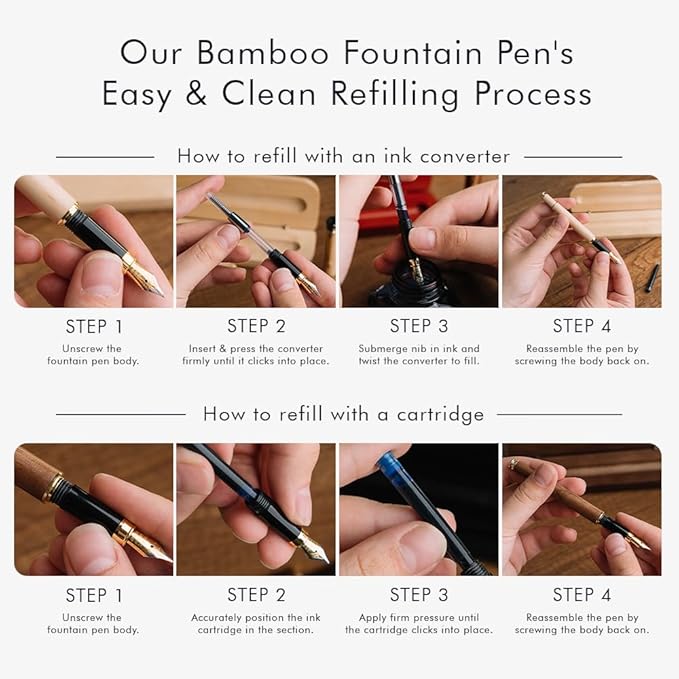 Wordsworth & Black Fountain Pen Set, Luxury Bamboo Wood - Extra Fine Nib, Gift Case; Includes 6 Ink Cartridges, Ink Refill Converter -Journaling, Calligraphy; Drawing, Smooth Writing [Brown Wood]