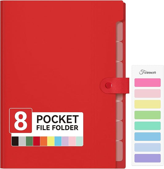 Forvencer Expanding File Folder with 8 Pocket, Letter Size Accordion File Organizer, Portable Folders for Documents, Cute Paper Organizer, Filling Products for School Office Supplies, A4 Size, Red