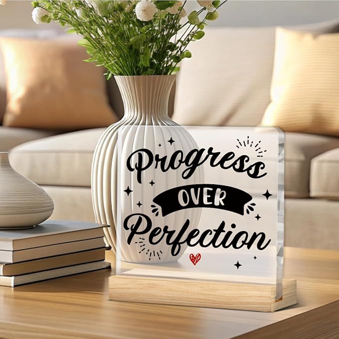 Motivational Office Desk Sign, Positive Office Decor, Inspirational Progress Over Perfection Sign for Office Decor, with Wooden Stand Gift