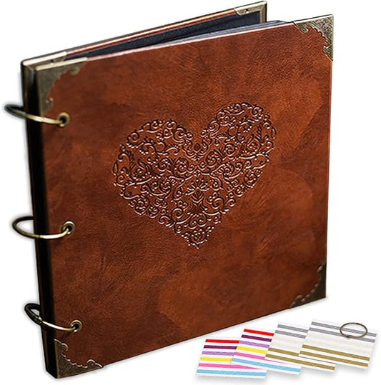 Photo Album or DIY Scrapbook (10x10 inch 50 Pages Double Sided), Vintage Leather Cover Three-Ring Binder Picture Booth Albums with 9 Colors 408pcs Self Adhesive Photos Corners for Memory Keep