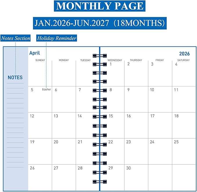 Daily Planner 2026-2027, Weekly and Monthly Planner 2026-2027 Academic Year, January 2026-June 2027 Calendar Planner, 8.2"×5.5", 18 Months, Agenda Book for Teacher, School Student (JAN.2026-JUN.2027 Deep Blue)