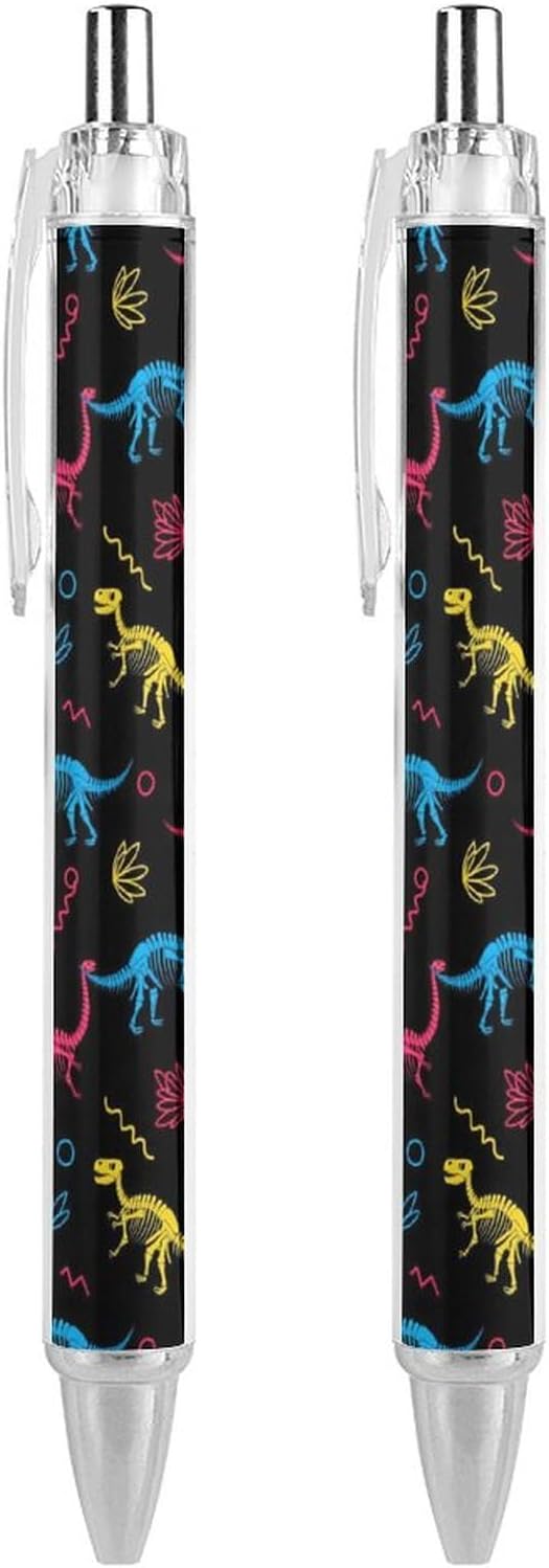 Men Women Cute Ballpoint Pens, Retractable Pen with Black Ink, Dinosaurs Skeletons Colorful Print Writing Pens for Home Office Supplies, 0.5 mm, Pack of 2