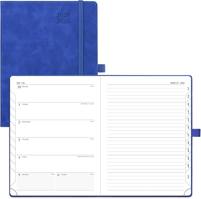 POPRUN Planner 2025-2026 Weekly Notebook (Medium 6.5''x 8.5'') Academic Calendar (JUL.25 - JUN.26) Appointment Book with Monthly Tabs, Leather Soft Cover, Inner Pocket, 100 GSM - Royal Blue