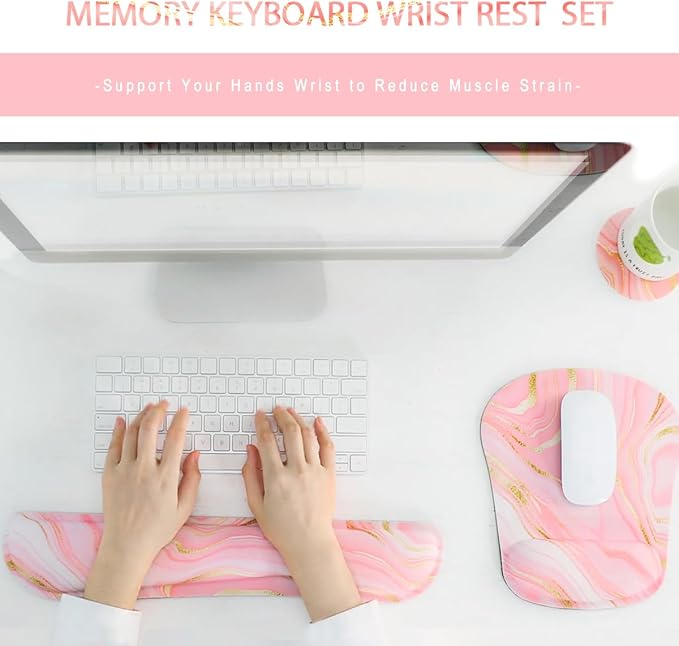 Memory Foam Ergonomic Keyboard Wrist Rest Pad and Mouse Wrist Rest Support Mouse Pad Set for Office Gaming Easy Typing-Pink Fluid