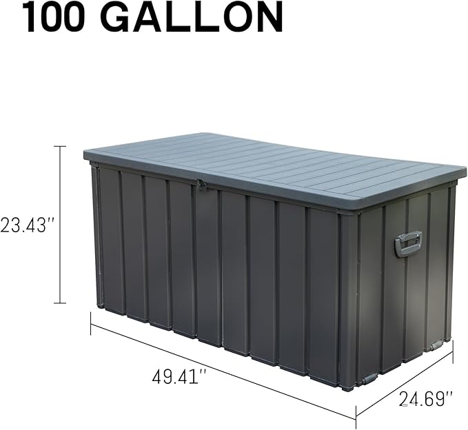 Domi Outdoor Deck Box 100 Gallon, Waterproof Lockable Steel Outdoor Storage Container for Outside Cushions, Garden Tools and Pools Equipment (Gray)
