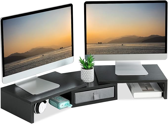TEAMIX Dual Monitor Stand Riser with Drawer - Length and Angle Adjustable Double Monitor Riser Corner Desk Shelf Organizer 37 inch Long Monitor Riser for 2 Monitors/Laptop/PC/Screen/TV