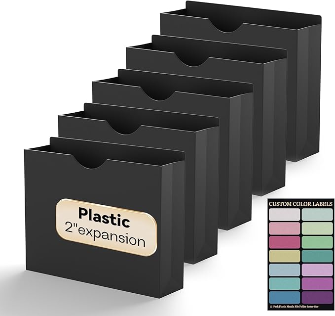 Plastic 2 Inch File Jackets Letter Size,12 Pack Reinforced Manilla Pocket Folders,Upgrade Material,Poly Expandable File Jacket,Heavy Duty Expansion Pocket Files with Straight Cut Tabs,Black