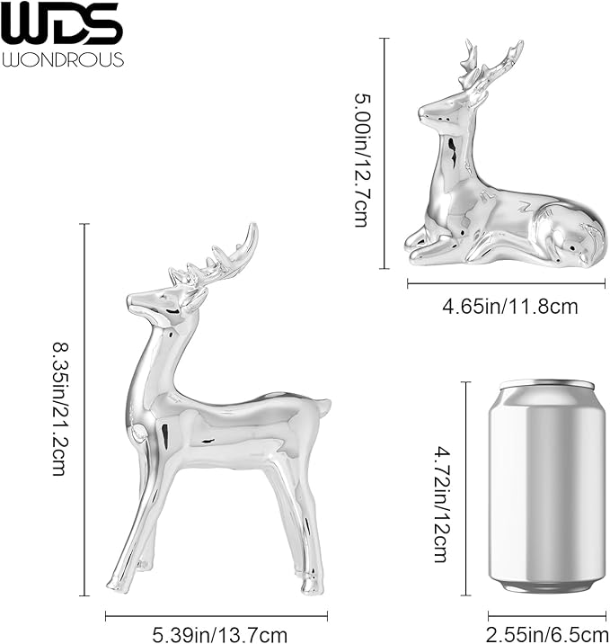 WDS WONDROUS Christmas Decorations Reindeer Figurines, Set of 2 Silver Deer Figurines Decor, Modern Xmas Reindeer Statue Indoor for Living Room Bedroom Office Christmas Village Shelf Winter Decor
