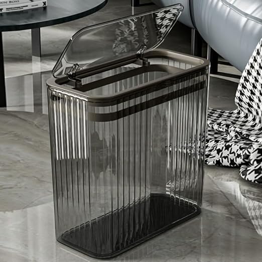 Transparent Trash Can, Bathroom Trash Cans with Lids, 3.5 Gallon Garbage Can for Bedroom, Office, Plastic Slim Waste Basket with Press Top Lid, 15L Clear Trash Bin for Home, Kitchen (Gray)