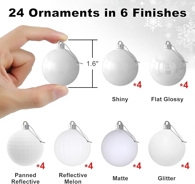 White 1.6" Small Christmas Balls Christmas Tree Decoration Ornaments Shatterproof Hanging Balls for Birthday Halloween Holiday Wedding Decorations Set of 24pcs