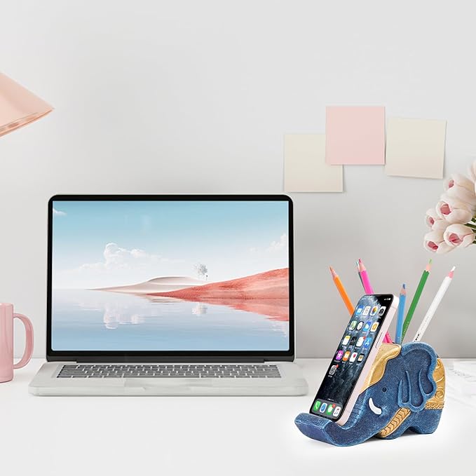 MOKANI Elephant Pencil Holder with Phone Stand, Elephant Gifts for Women Multifunctional Pen Holder Office Desk Organizer Desk Accessories Desk Decor Decorations Thanksgiving Christmas Gifts