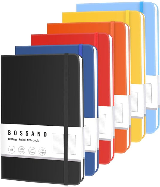 BOSSAND Lined Journal Notebooks, 6 Pack A5 Journals for Writing, 200 Pages 100 GSM Thick Classic Ruled Paper, Hardcover, 8.25 inches x 5.75 inches, 6 Colors