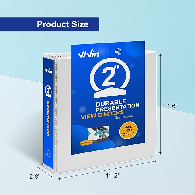 3 Ring Binder 2 Inch, ViVin Sturdy 2"-Round Ring Binder with 2 Interior Pockets, Clear View Cover, PVC-Free, Fits 400 Sheets of 8.5'' x 11'' Paper, Office Home School (6 Pack, White)