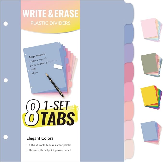 Sooez 8 Tabs Long-Lasting Plastic Write & Erase Large Tabs Dividers for 3 Ring Binder, Aesthetic Cute Pastels Binder Dividers for Student, Teacher, Office, Home Organizers, 1 Set, Muted