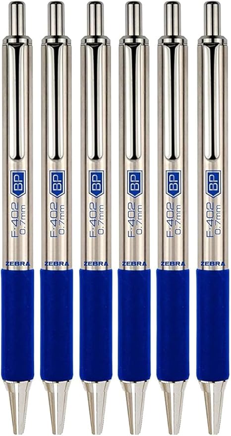 Zebra F-402 Ballpoint Stainless Steel Retractable Pen, Fine Point, 0.7mm, Blue Ink, 6-Count Bundle with Plastic Reusable Pouch