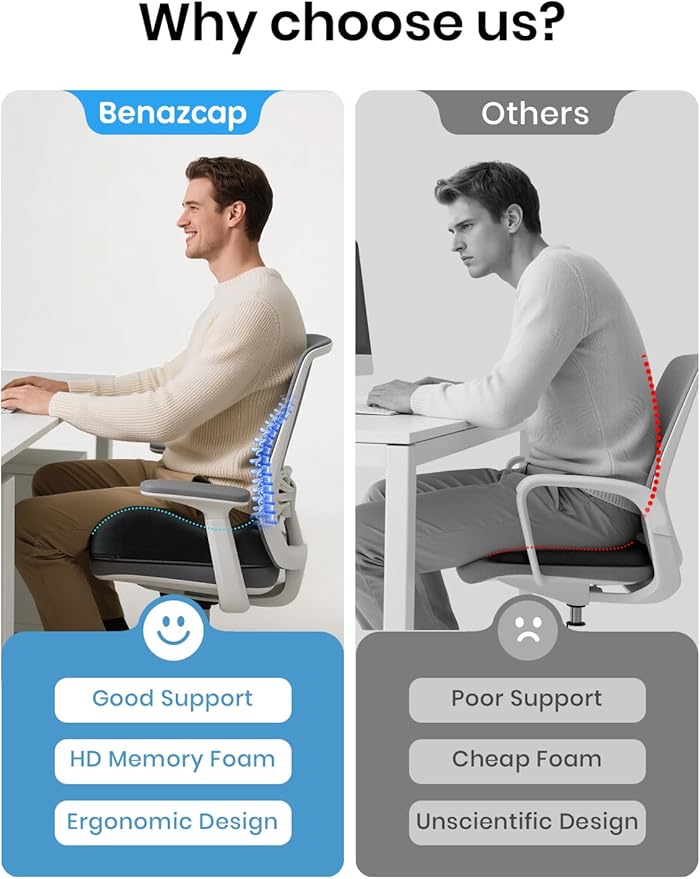 Benazcap Seat Cushion - Memory Foam Office Chair Cushion Seat Pad - Sciatica & Lower Back Pain Relief - Car Seat Cushions for Driving Seat Cushions