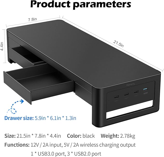 meatanty 2 in 1 Monitor Stand Riser with 2 Storage Drawers and 4 USB Ports, Metal Computer Monitor Stand Supports Transfer Data and Charging, Desk Organizer for PC,Laptop,iMac (21 inches)