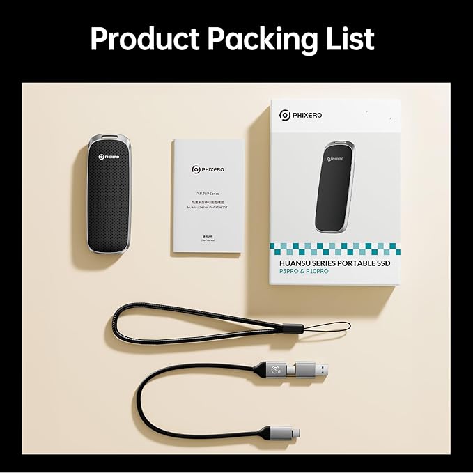 PHIXERO P10PRO External NVMe SSD 512GB, Up to 1050MB/s, USB 3.2 Gen2, Includes 2-in-1 USB C Cable, Portable Hard Drive for iPhone 15+/Android/Windows/Mac, Black