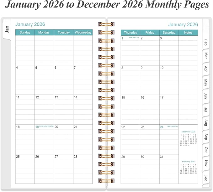 2026 Pocket Planner/Calendar - 2026 Planner from January 2026 - December 2026, Planner 2026 with 12 Tabs, Twin-Wire Binding, Inner Pocket, 3.75" x 6.75, Rose Flower