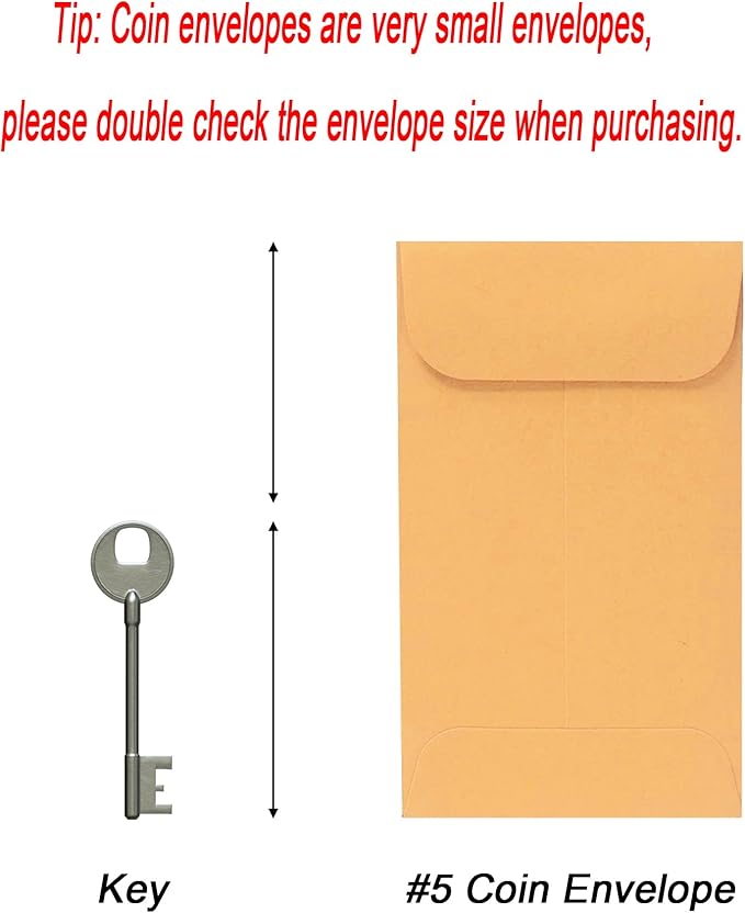 500 PCS #5 Coin Envelopes, 3.125 x 5.5 inches Brown Kraft Envelopes Classic Small Parts Envelopes with Self Adhesive Gummed Flap for Coins, Cash, Credit Cards, Seeds