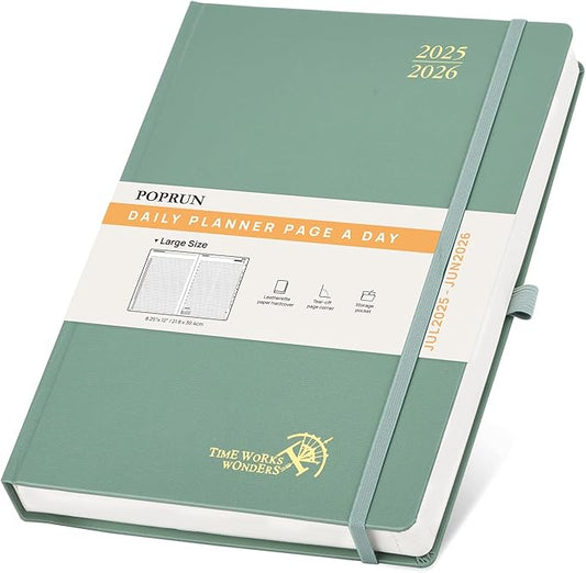 POPRUN 2025-2026 Daily Planner One Page Per Day (Large - 8.25'' x 12'') - Academic Calendar (July 2025 - June 2026), 2025 Day Appointment Book with Monthly Tabs, Hardcover - Midnight Green
