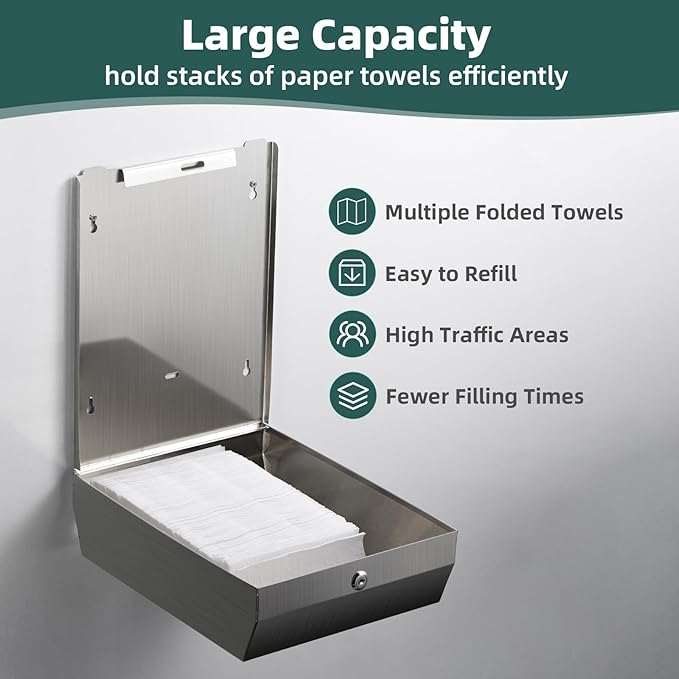 Paper Towel Dispenser Wall Mount, Large Commercial C/Z Tri Fold Multifold Hand Towels Dispenser, Brushed Stainless Steel Paper Towel Holder with Lock for Bathroom, Restroom and Public Places